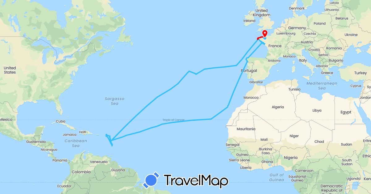 TravelMap itinerary: driving, boat, retour vers st malo in Antigua and Barbuda, Anguilla, Dominica, Spain, France, United Kingdom, Saint Kitts and Nevis, Saint Lucia, Netherlands, Portugal (Europe, North America)